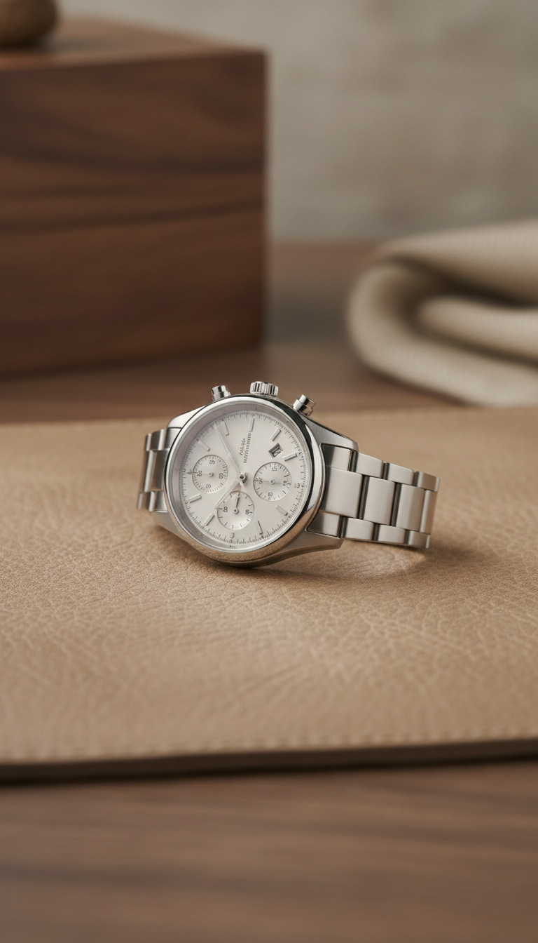 Polished steel chronograph wristwatch